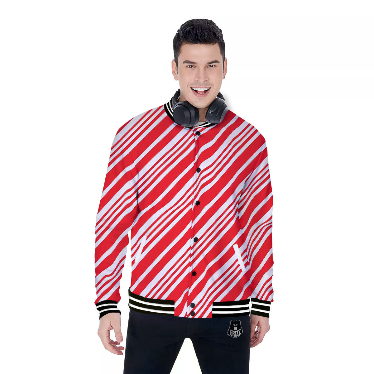 Candy Cane Stripe White And Red Print Baseball Jacket-grizzshop
