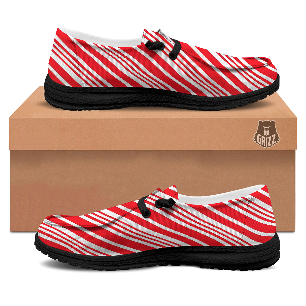 Candy Cane Stripe White And Red Print Black Loafers-grizzshop