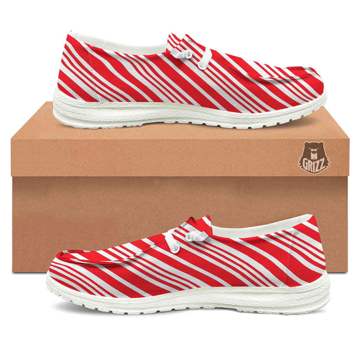 Candy Cane Stripe White And Red Print Black Loafers-grizzshop