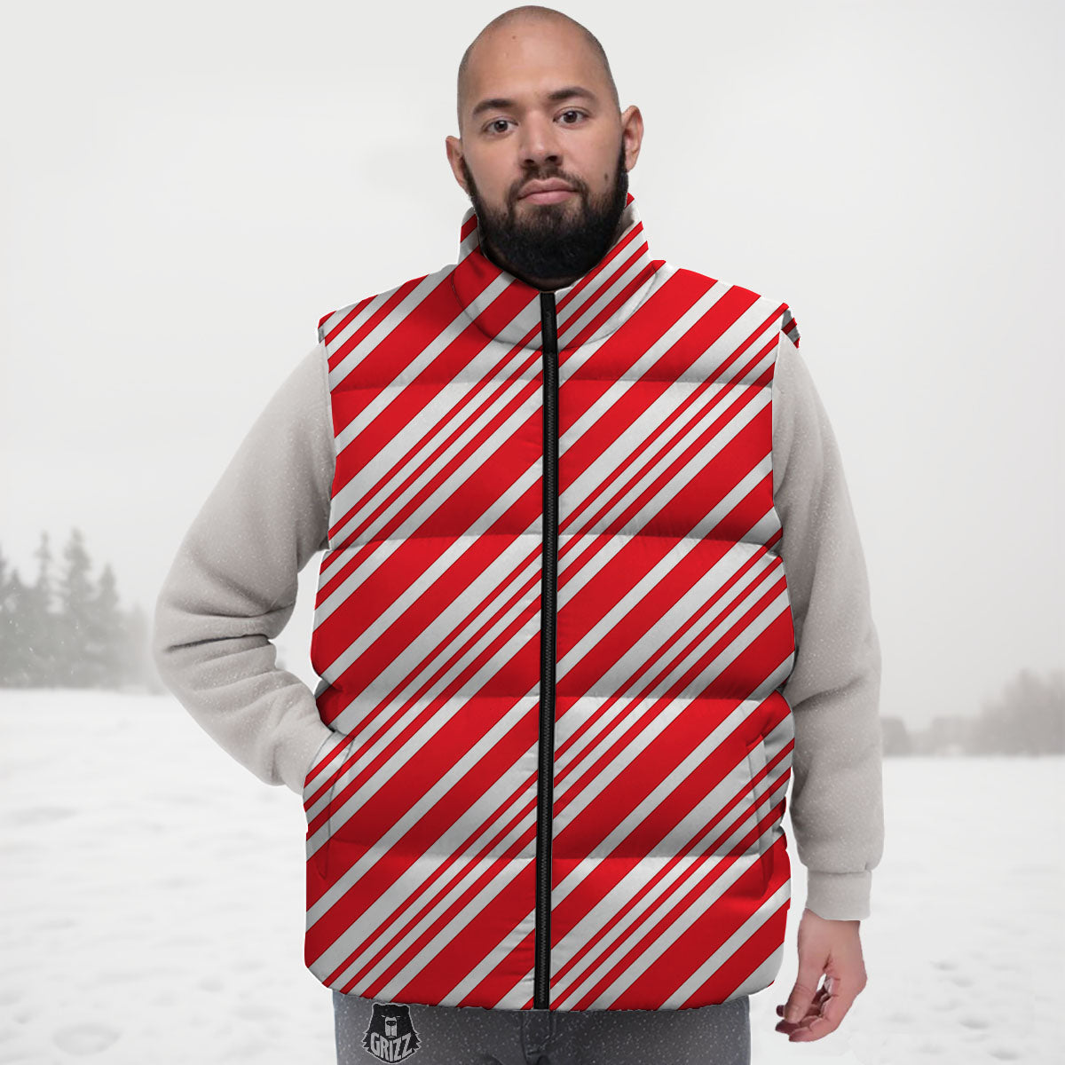Candy Cane Stripe White And Red Print Down Vest