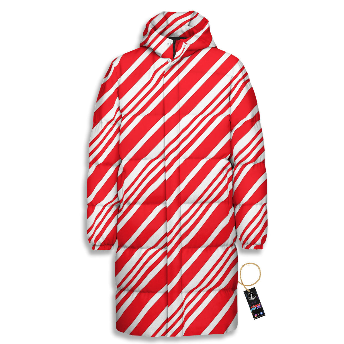 Candy Cane Stripe White And Red Print Long Down Jacket-grizzshop