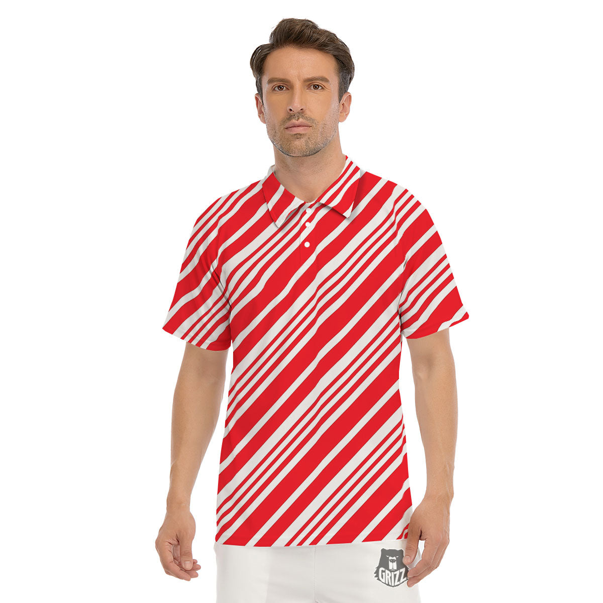 Candy Cane Stripe White And Red Print Men's Golf Shirts-grizzshop