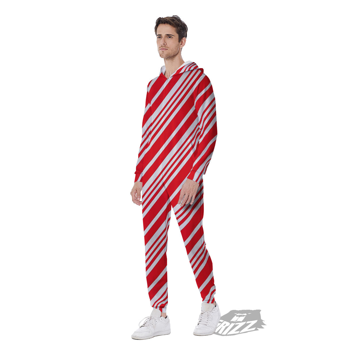 Candy Cane Stripe White And Red Print Men's Jumpsuit-grizzshop