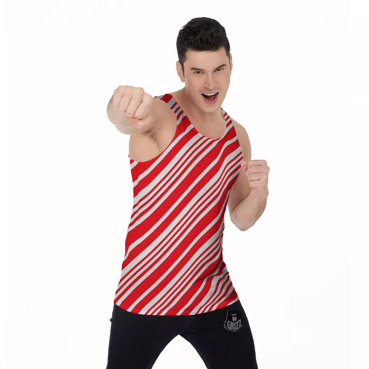 Candy Cane Stripe White And Red Print Men's Tank Top-grizzshop