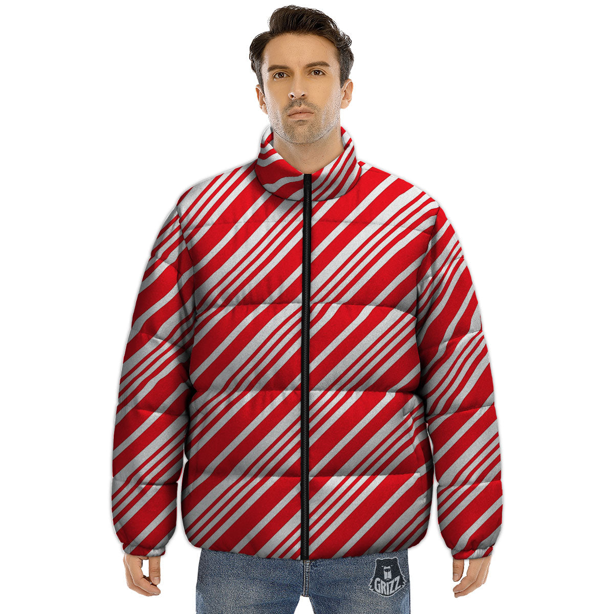 Candy Cane Stripe White And Red Print Puffer Jacket-grizzshop