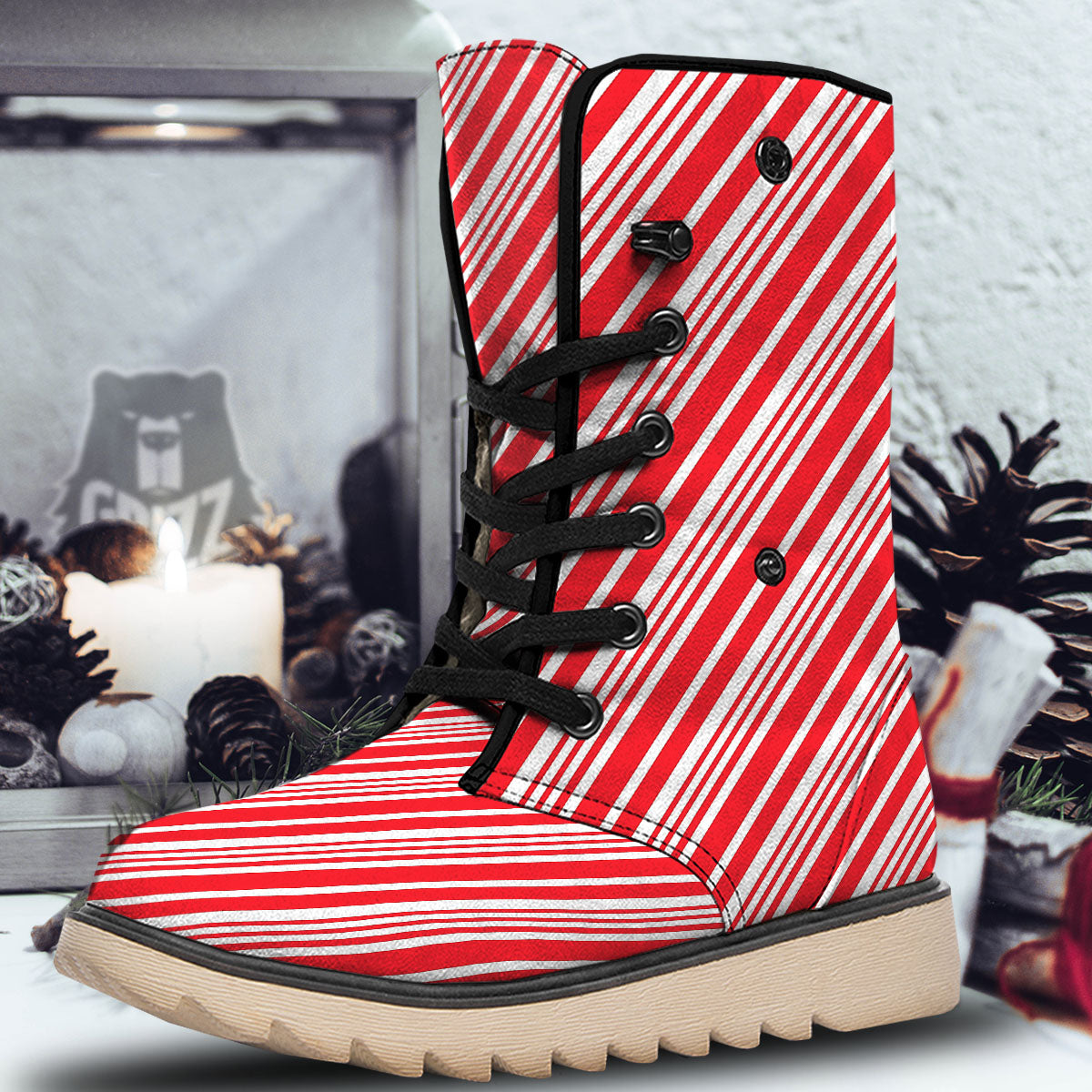 Candy Cane Stripe White And Red Print Snow Boots-grizzshop