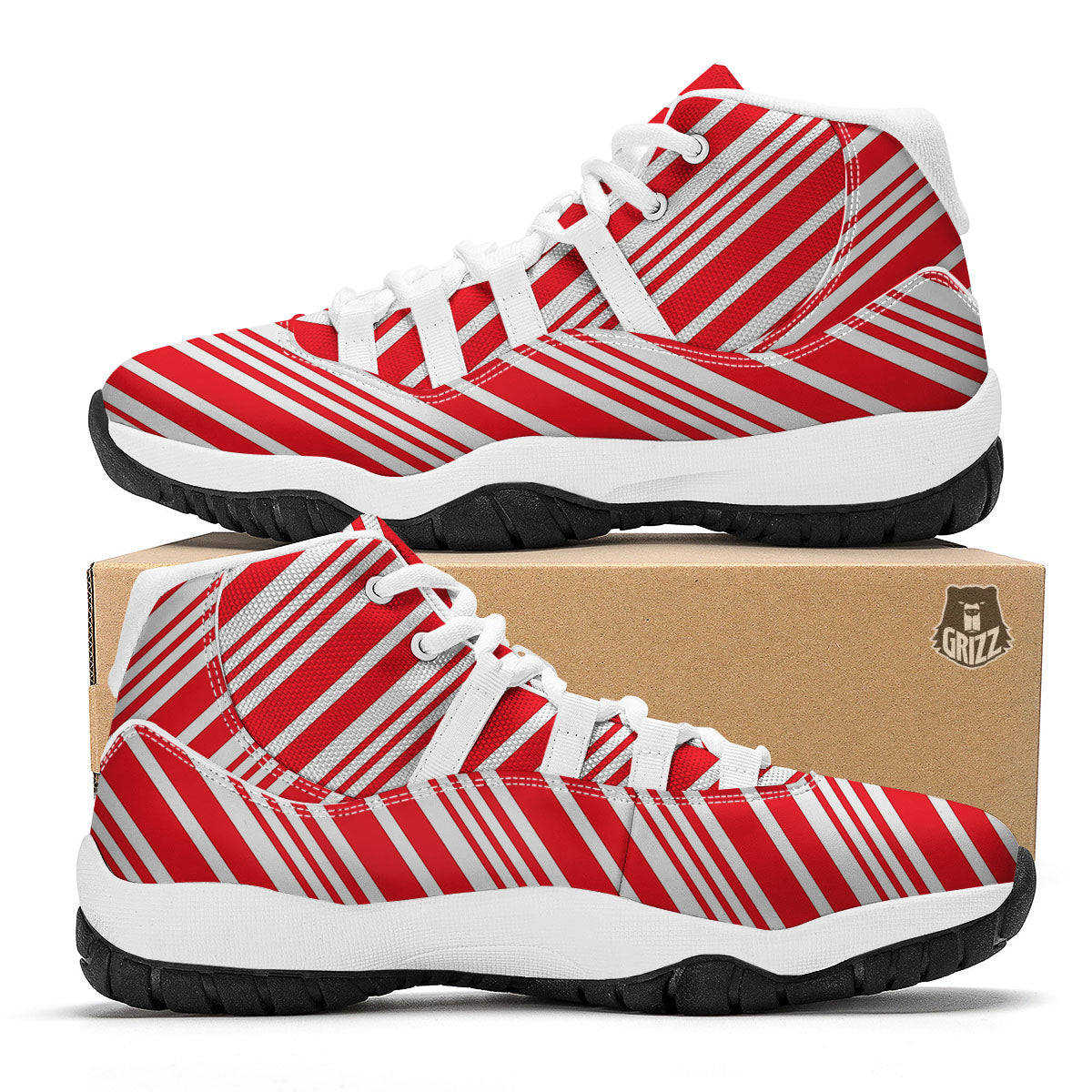 Candy Cane Stripe White And Red Print White Bball Shoes-grizzshop