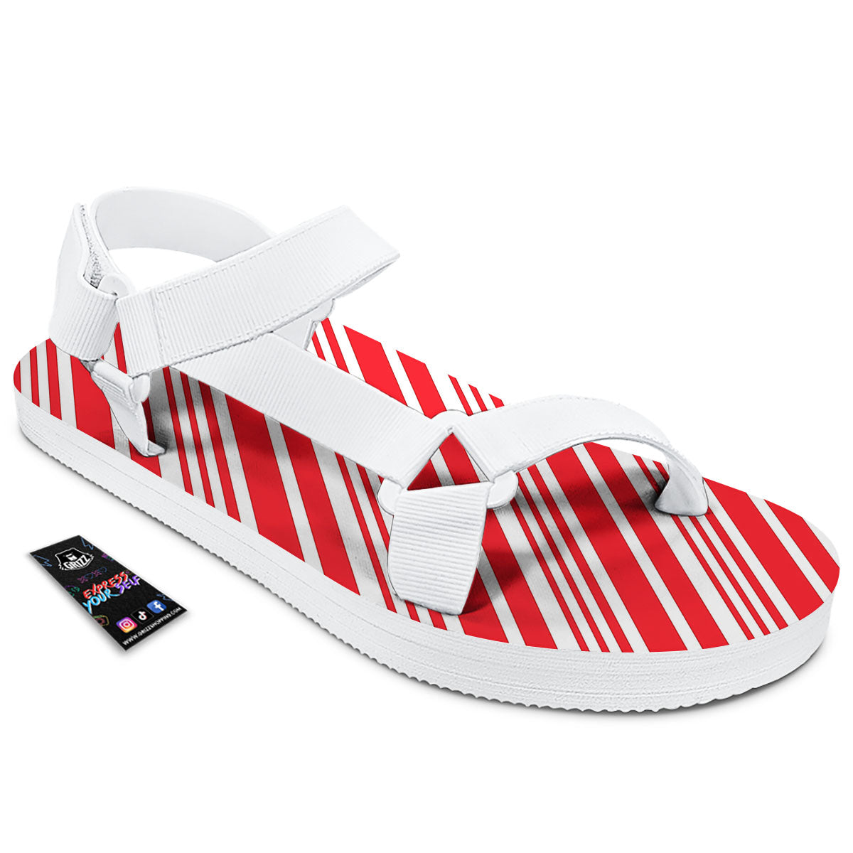Candy Cane Stripe White And Red Print White Open Toe Sandals-grizzshop