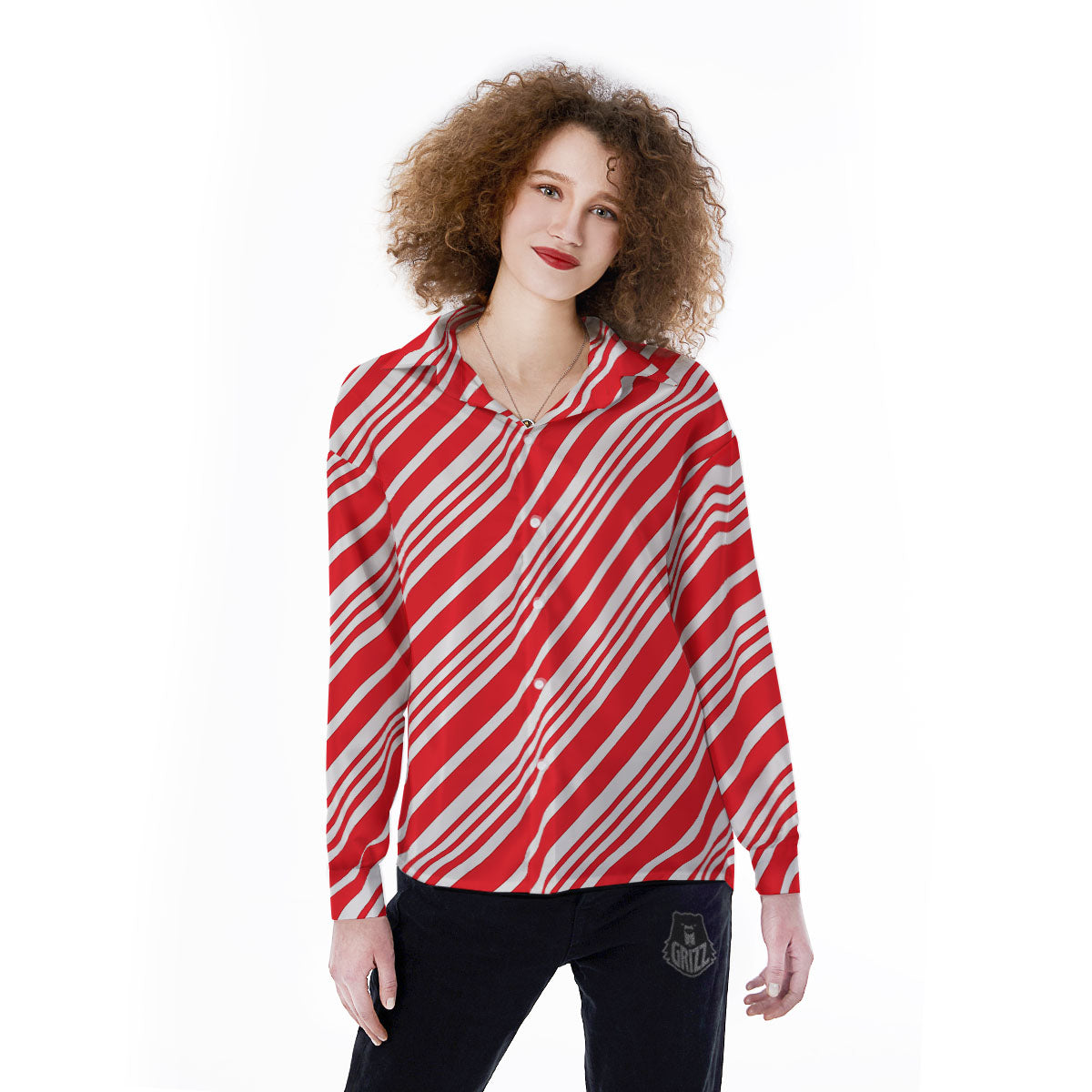 Candy Cane Stripe White And Red Print Women's Long Sleeve Shirts-grizzshop