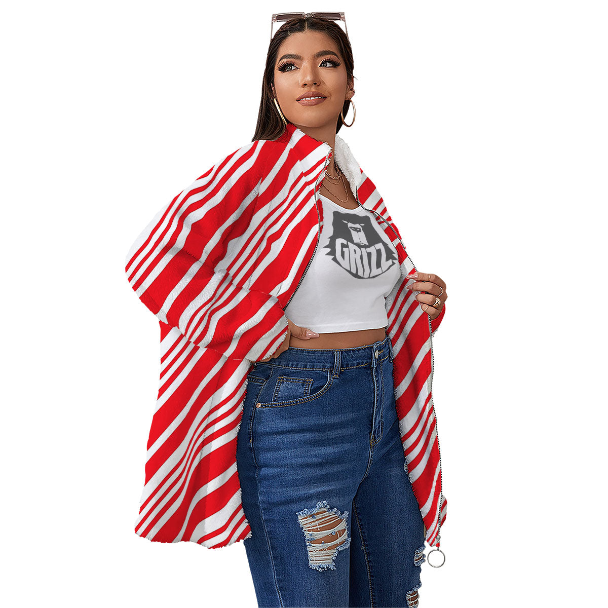 Candy Cane Stripe White And Red Print Women's Sherpa Jacket-grizzshop
