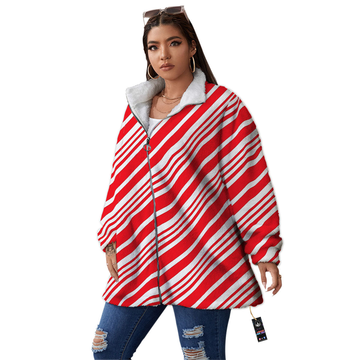 Candy Cane Stripe White And Red Print Women's Sherpa Jacket-grizzshop
