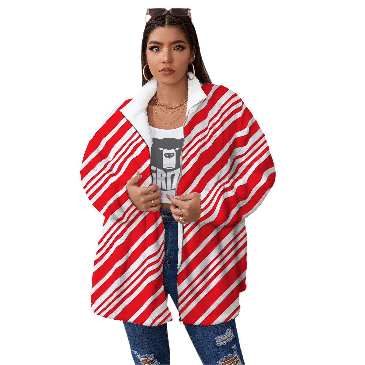 Candy Cane Stripe White And Red Print Women's Sherpa Jacket-grizzshop