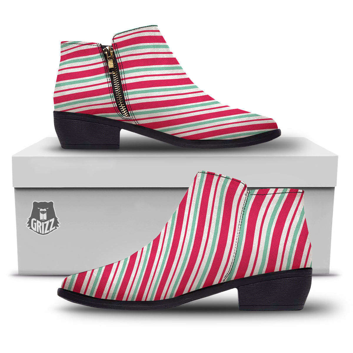 Candy Cane Striped Christmas Print Ankle Boots-grizzshop