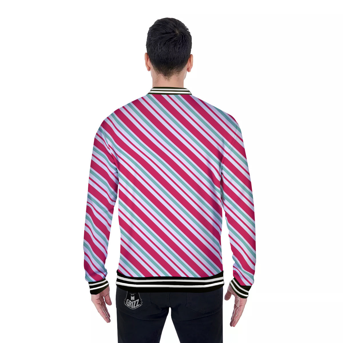 Candy Cane Striped Christmas Print Baseball Jacket-grizzshop