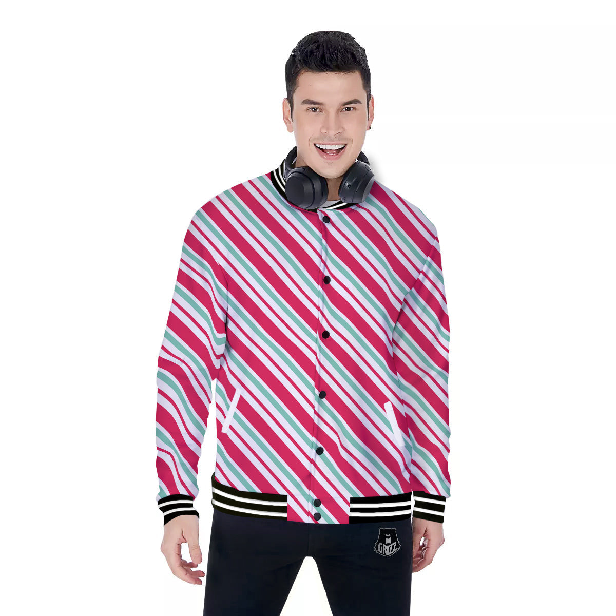 Candy Cane Striped Christmas Print Baseball Jacket-grizzshop
