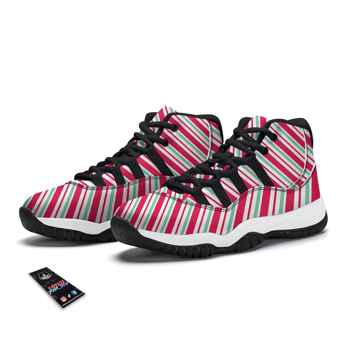 Candy Cane Striped Christmas Print Black Bball Shoes-grizzshop
