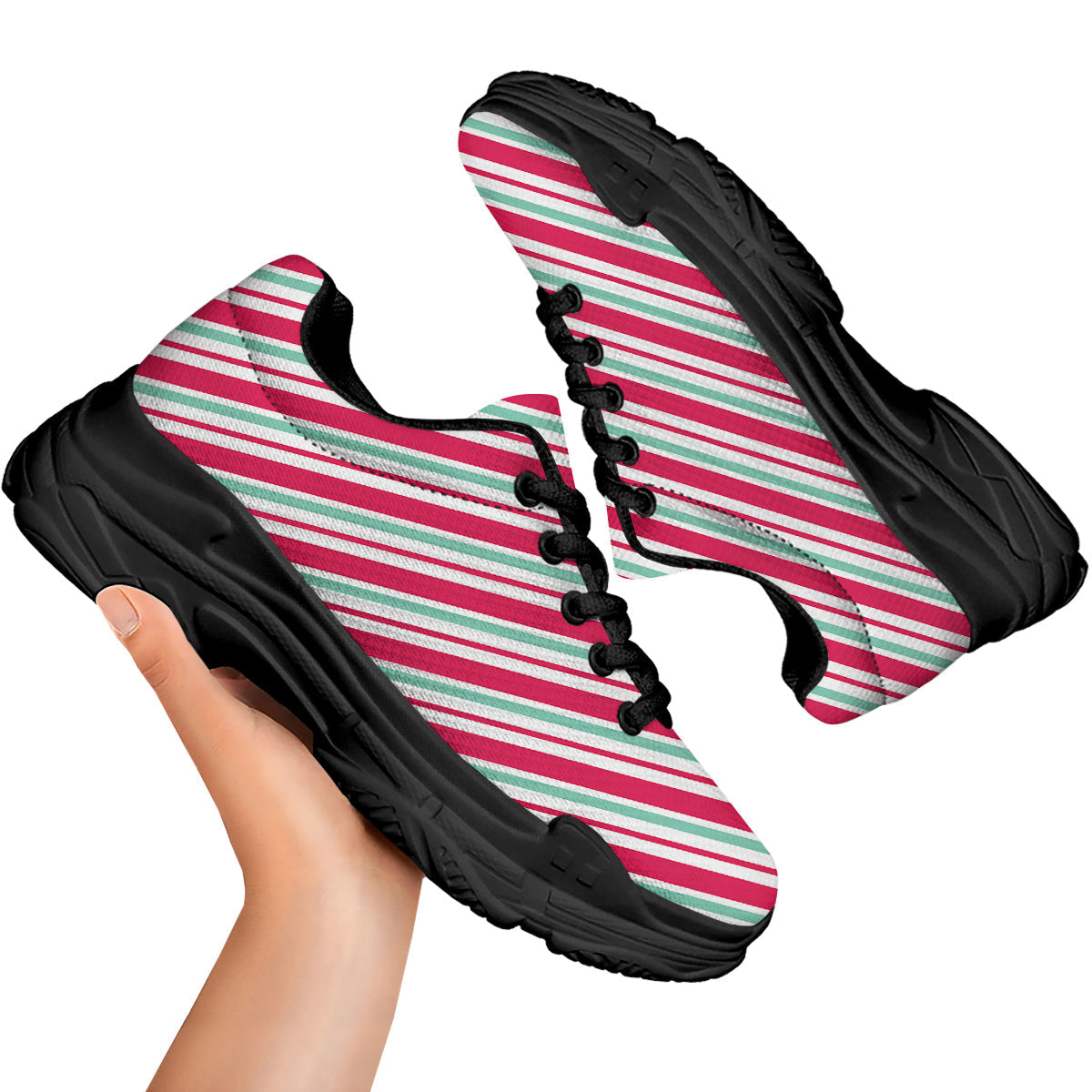 Candy Cane Striped Christmas Print Black Chunky Shoes-grizzshop