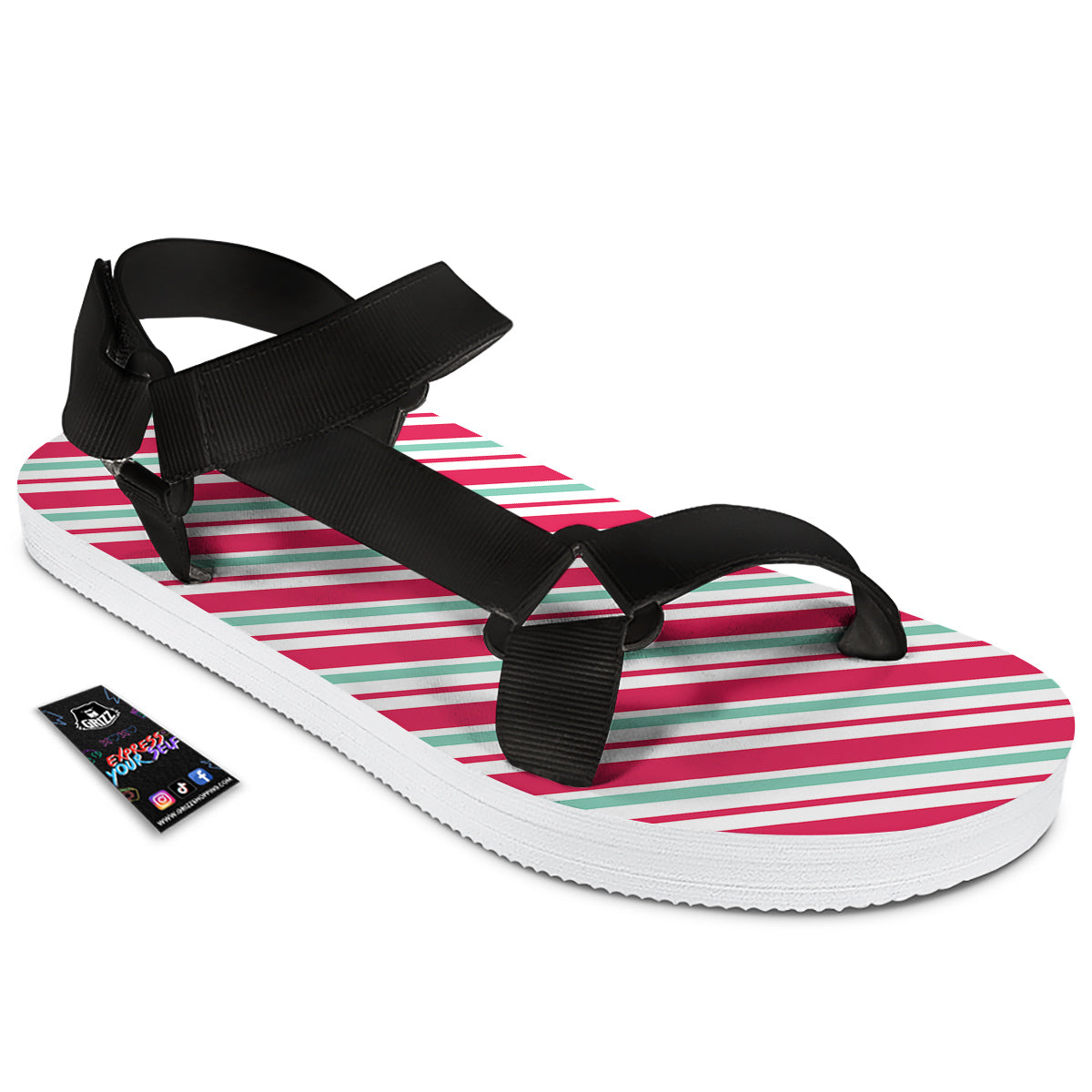 Candy Cane Striped Christmas Print Black Open Toe Sandals-grizzshop