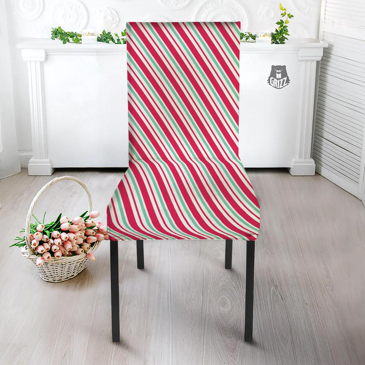 Candy Cane Striped Christmas Print Dining Chair Slipcover-grizzshop