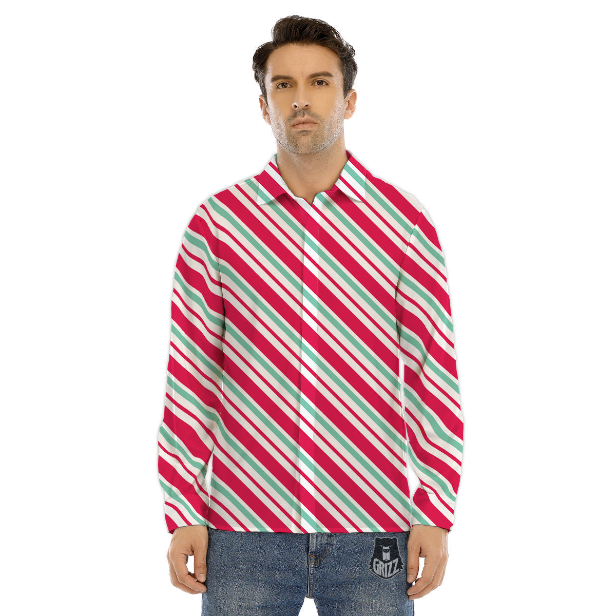 Candy Cane Striped Christmas Print Men's Dress Shirts-grizzshop