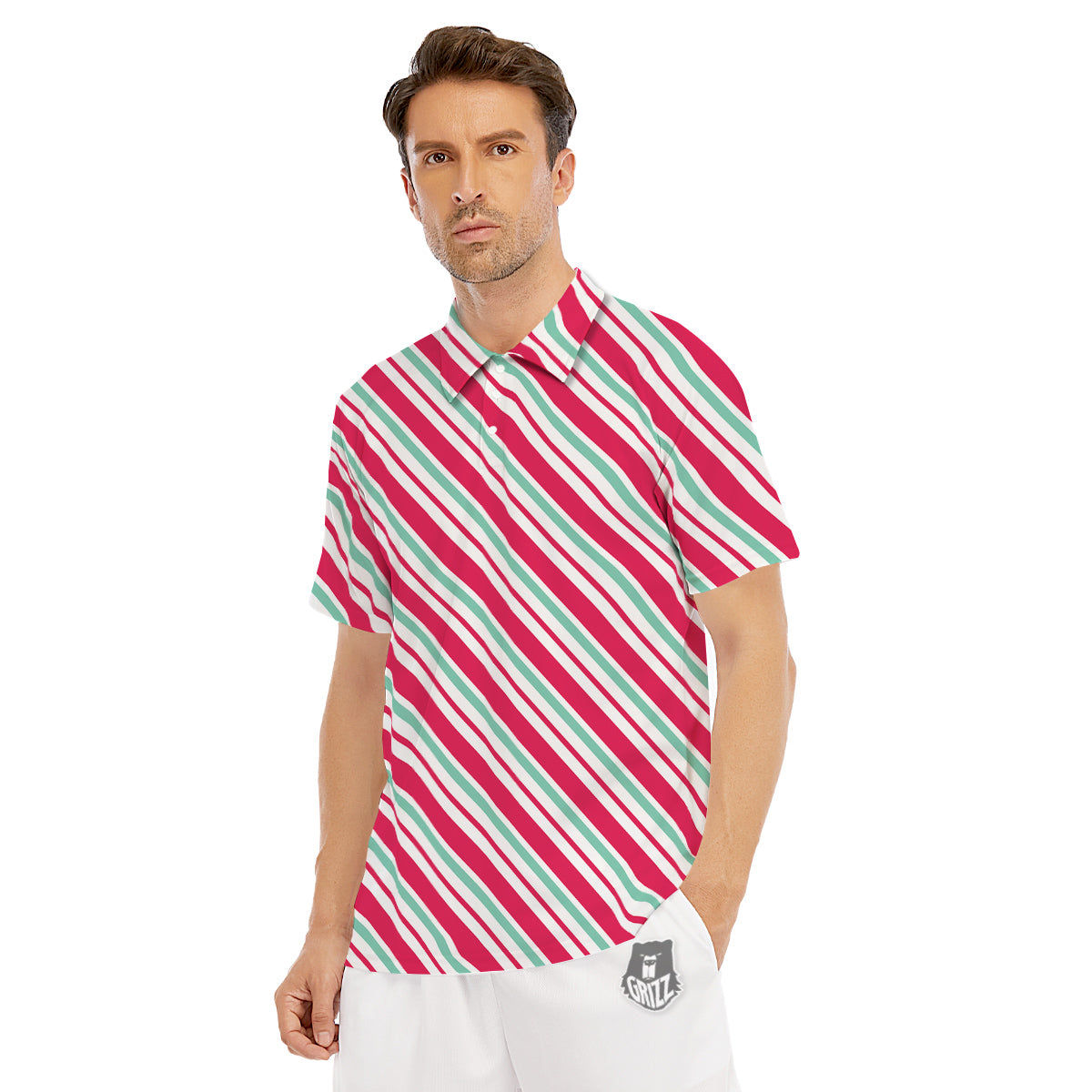 Candy Cane Striped Christmas Print Men's Golf Shirts-grizzshop