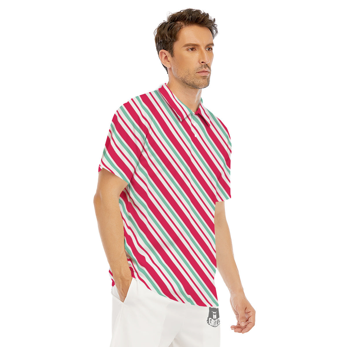 Candy Cane Striped Christmas Print Men's Golf Shirts-grizzshop