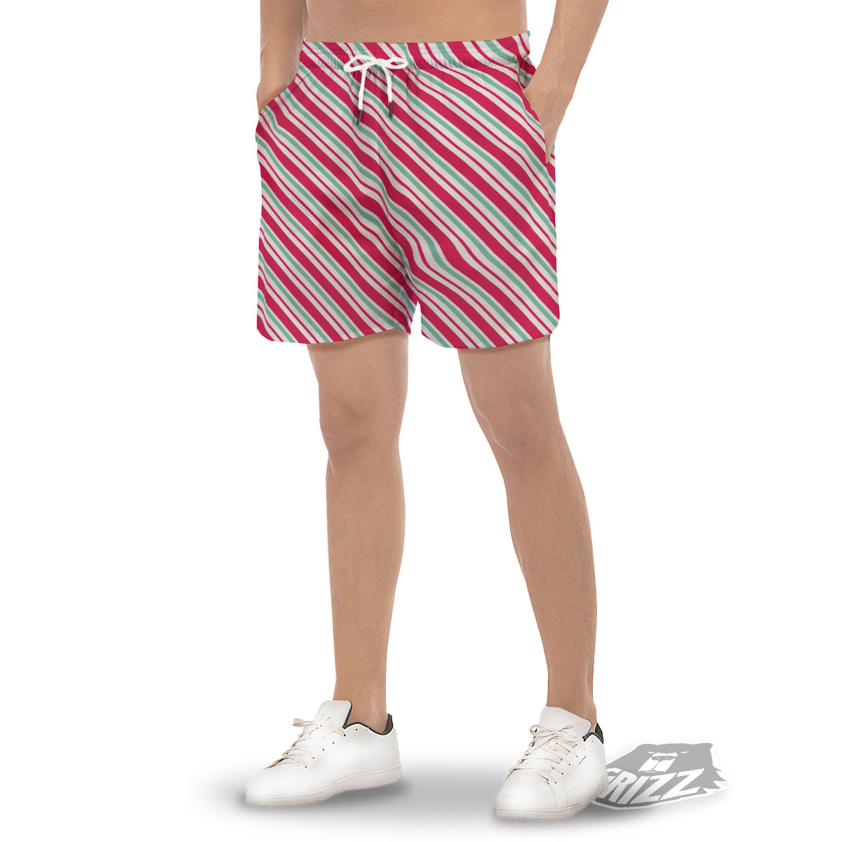 Candy Cane Striped Christmas Print Men's Gym Shorts-grizzshop