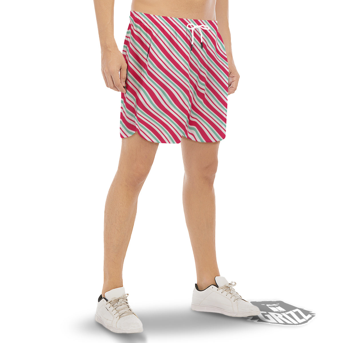 Candy Cane Striped Christmas Print Men's Gym Shorts-grizzshop