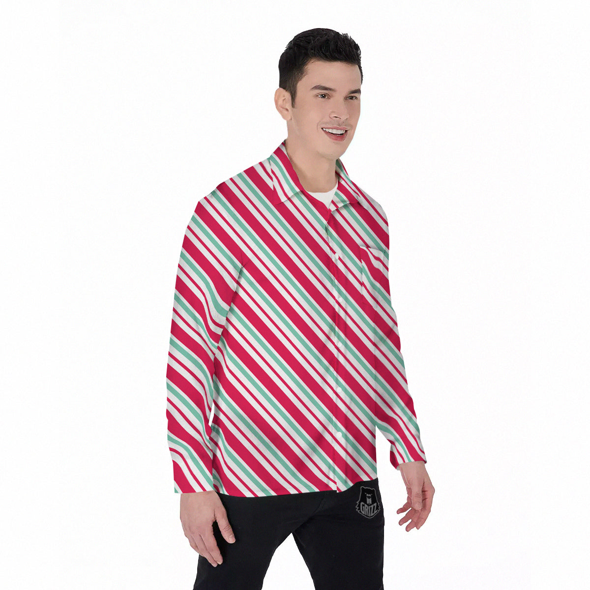 Candy Cane Striped Christmas Print Men's Long Sleeve Shirts-grizzshop