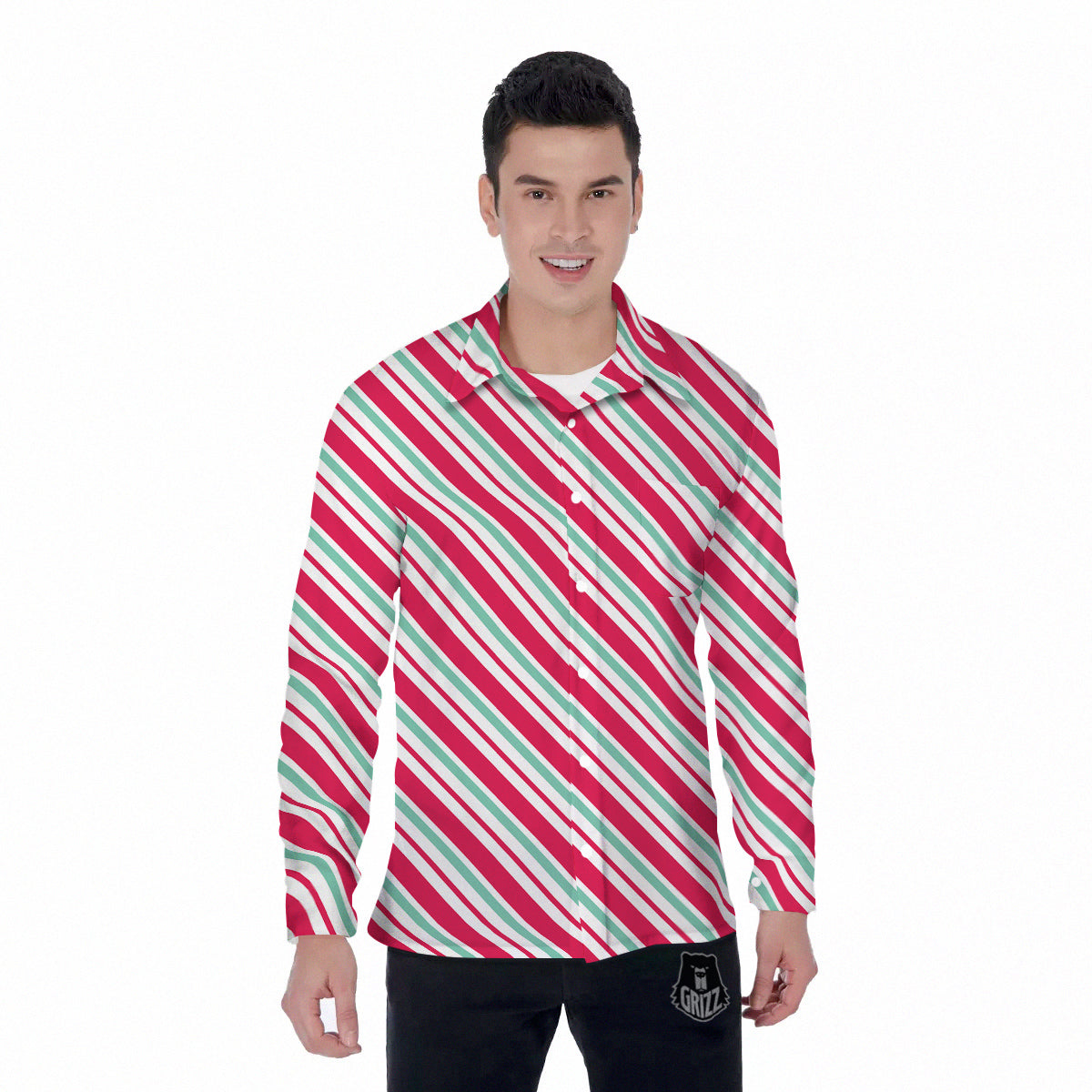 Candy Cane Striped Christmas Print Men's Long Sleeve Shirts-grizzshop