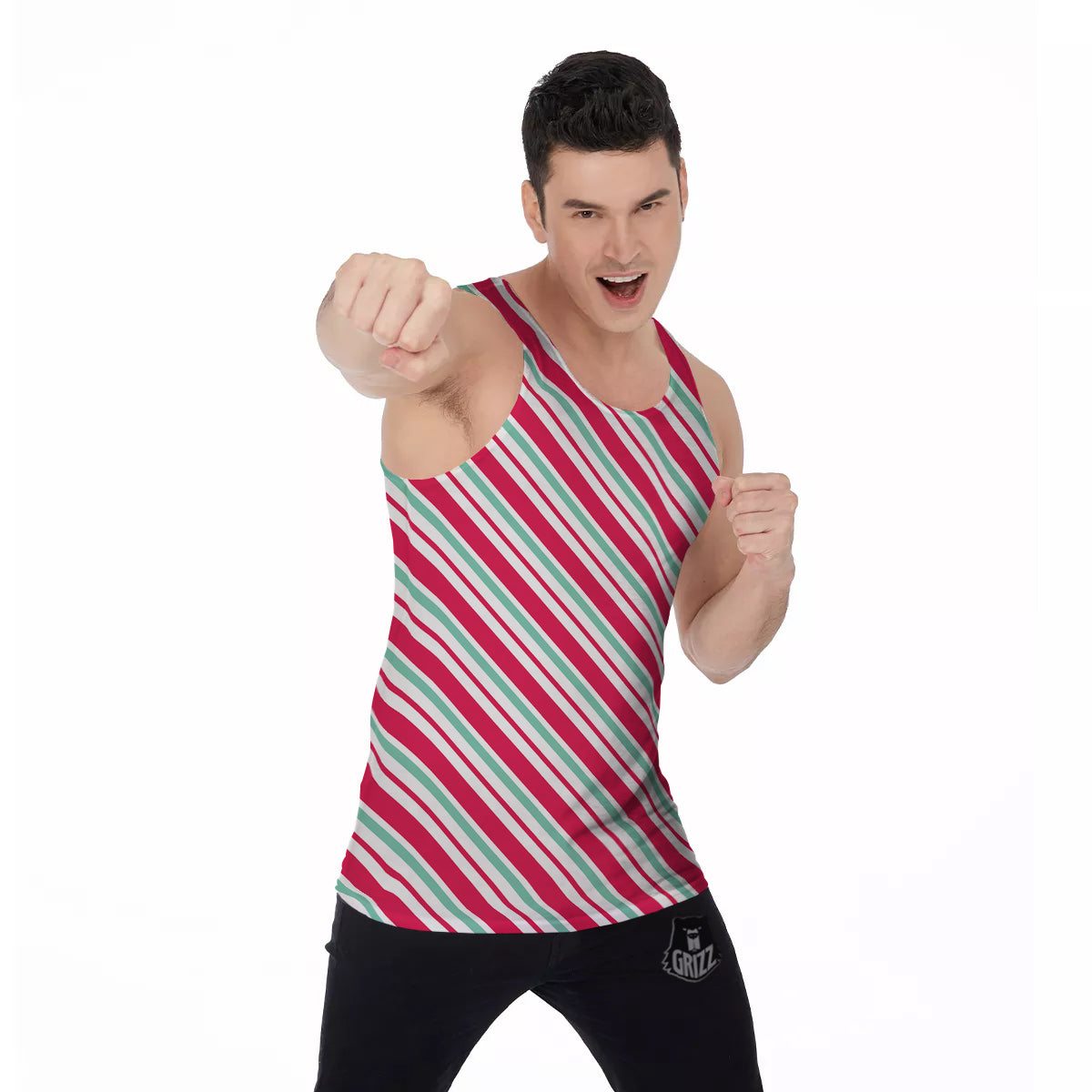 Candy Cane Striped Christmas Print Men's Tank Top-grizzshop