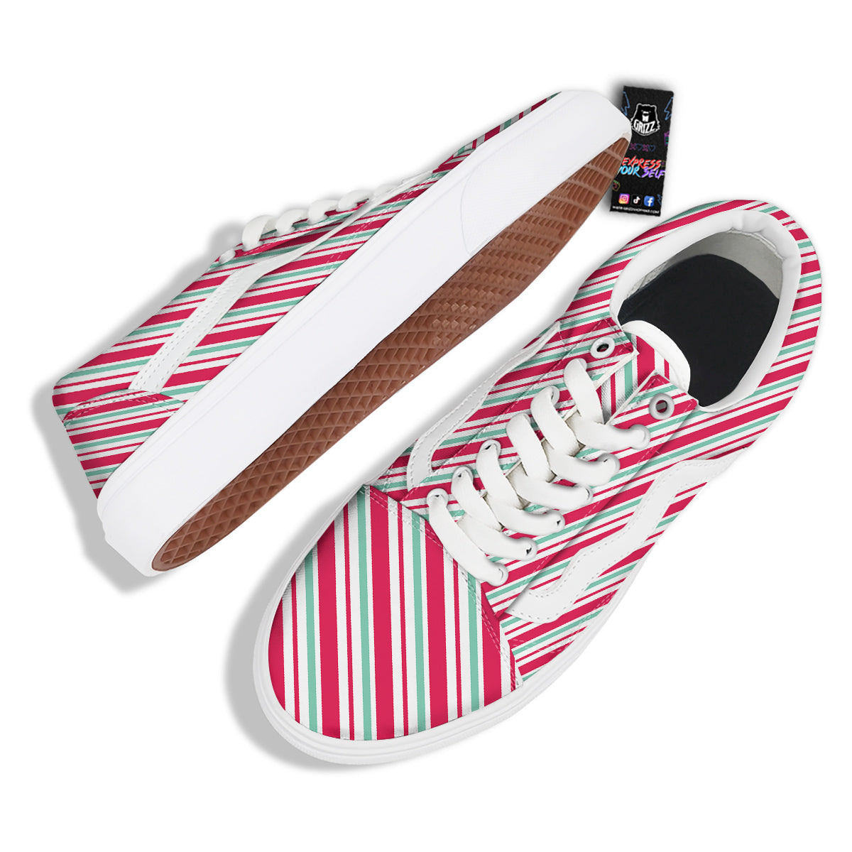 Candy Cane Striped Christmas Print Skate Shoes-grizzshop