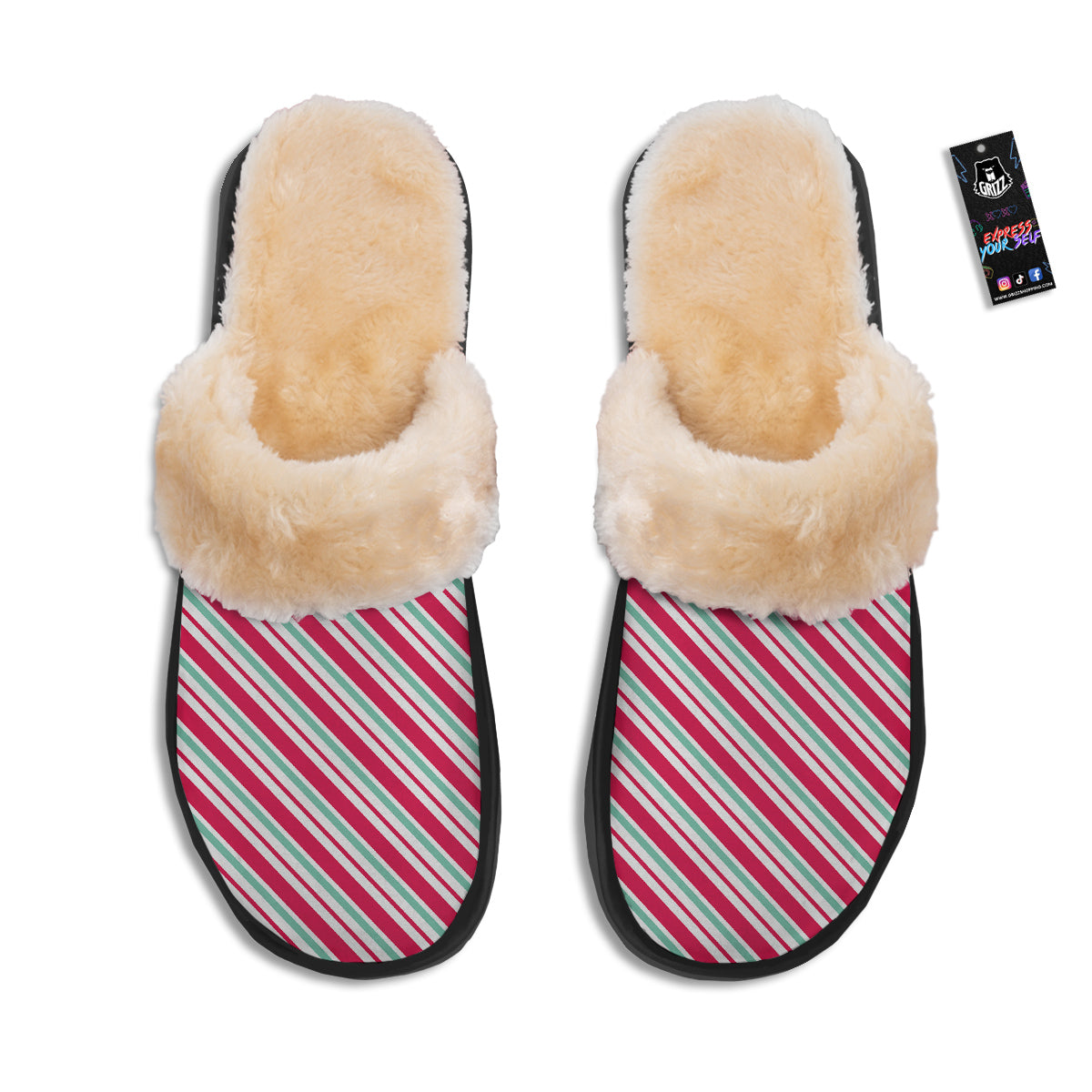 Candy Cane Striped Christmas Print Slippers-grizzshop