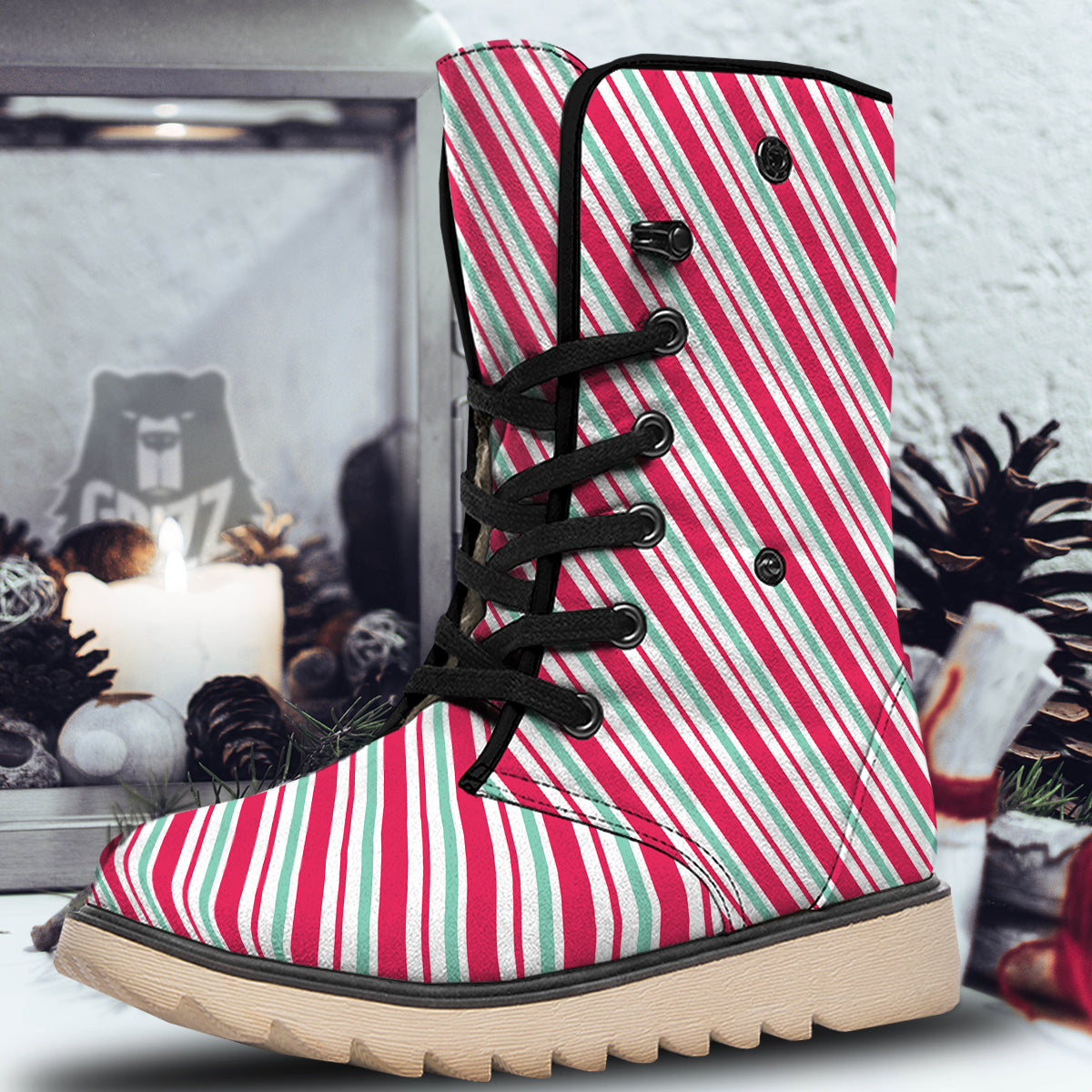 Candy Cane Striped Christmas Print Snow Boots-grizzshop