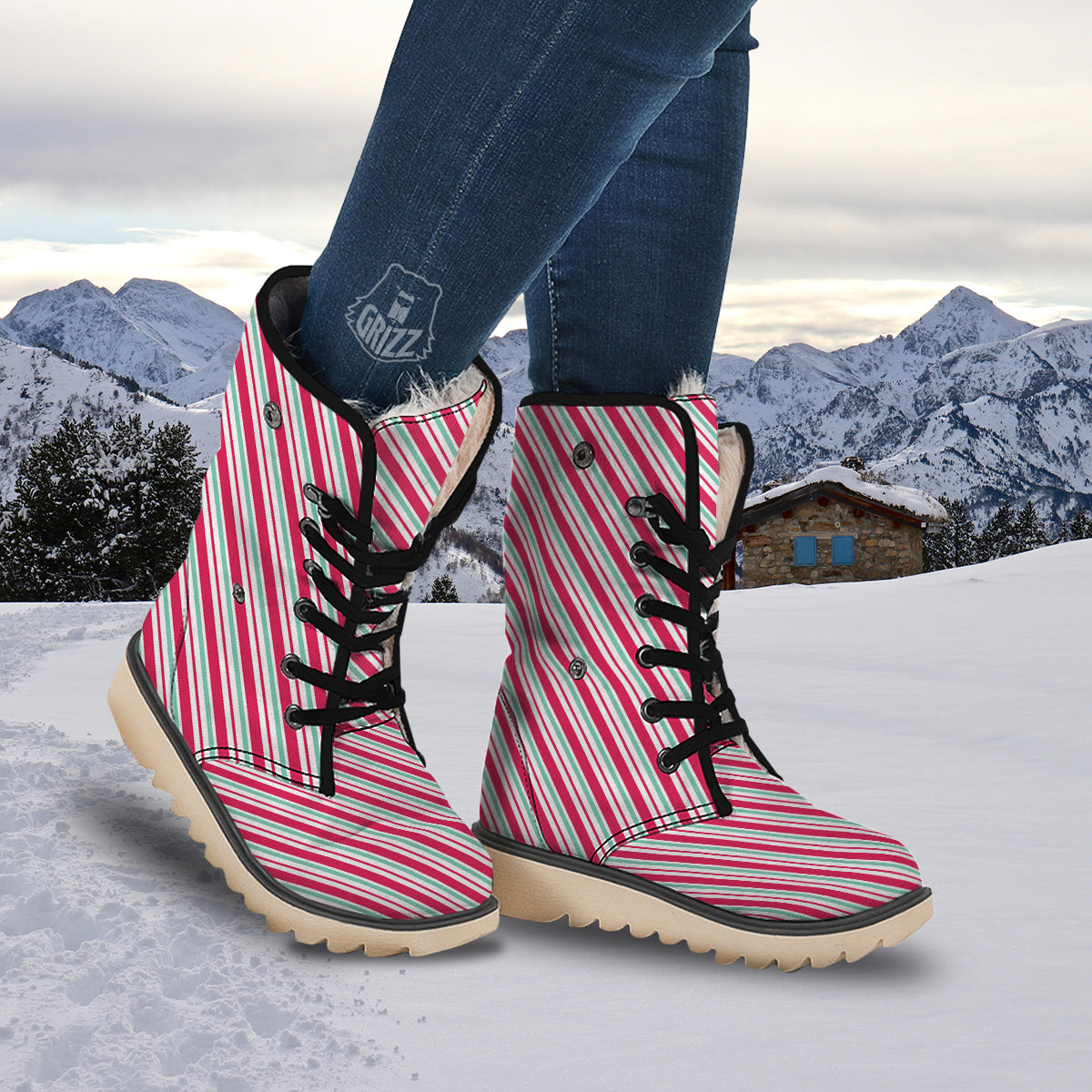 Candy Cane Striped Christmas Print Snow Boots-grizzshop