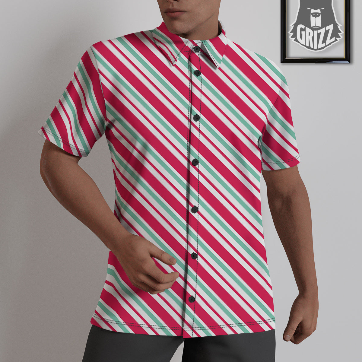 Candy Cane Striped Christmas Print Untucked Shirts-grizzshop