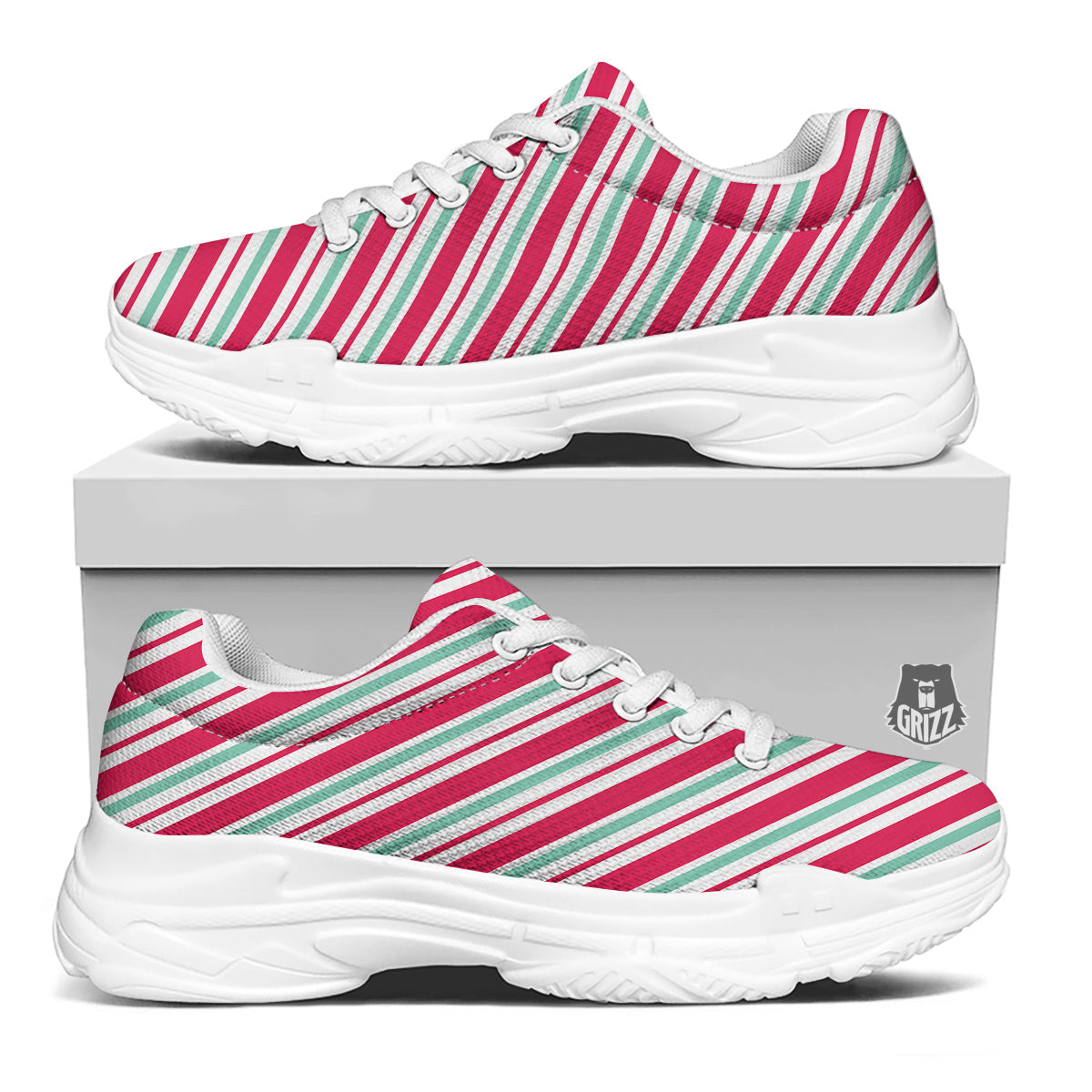 Candy Cane Striped Christmas Print White Chunky Shoes-grizzshop