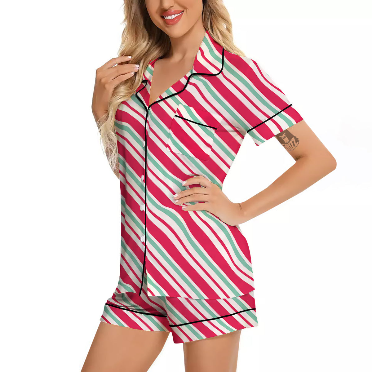 Candy Cane Striped Christmas Print Women Silk Pajamas-grizzshop