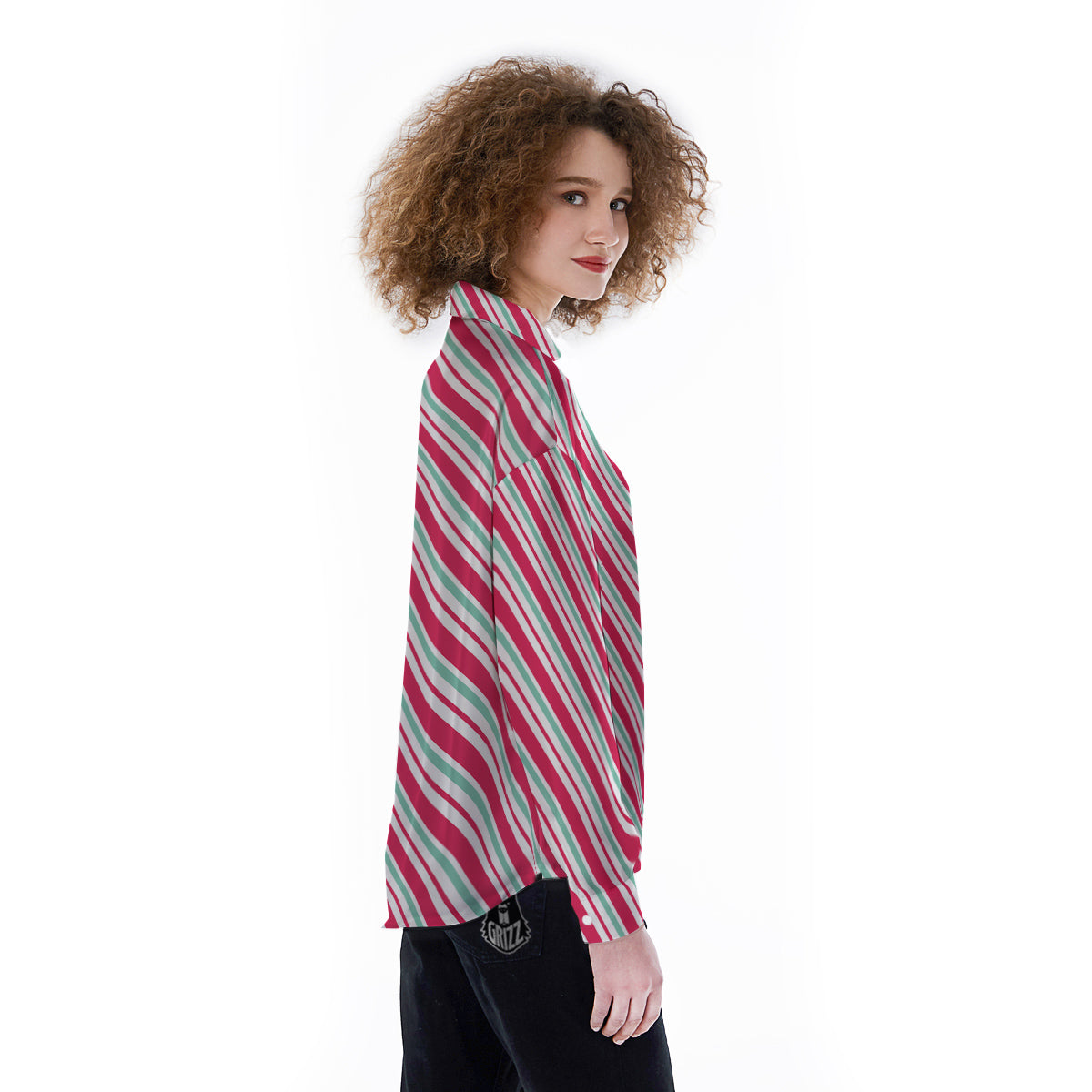Candy Cane Striped Christmas Print Women's Long Sleeve Shirts-grizzshop