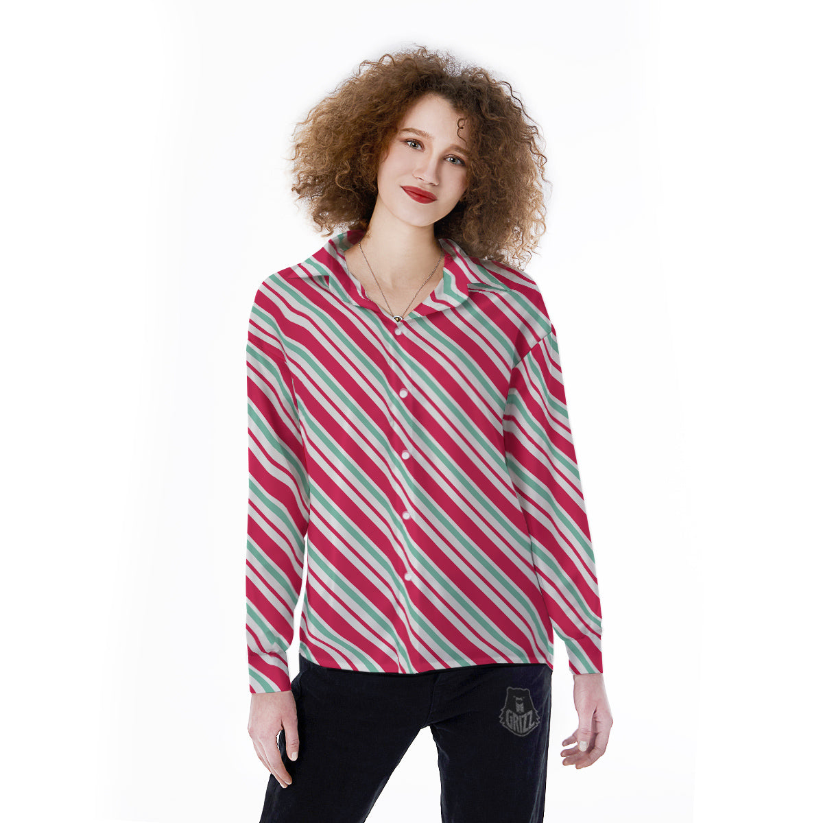 Candy Cane Striped Christmas Print Women's Long Sleeve Shirts-grizzshop