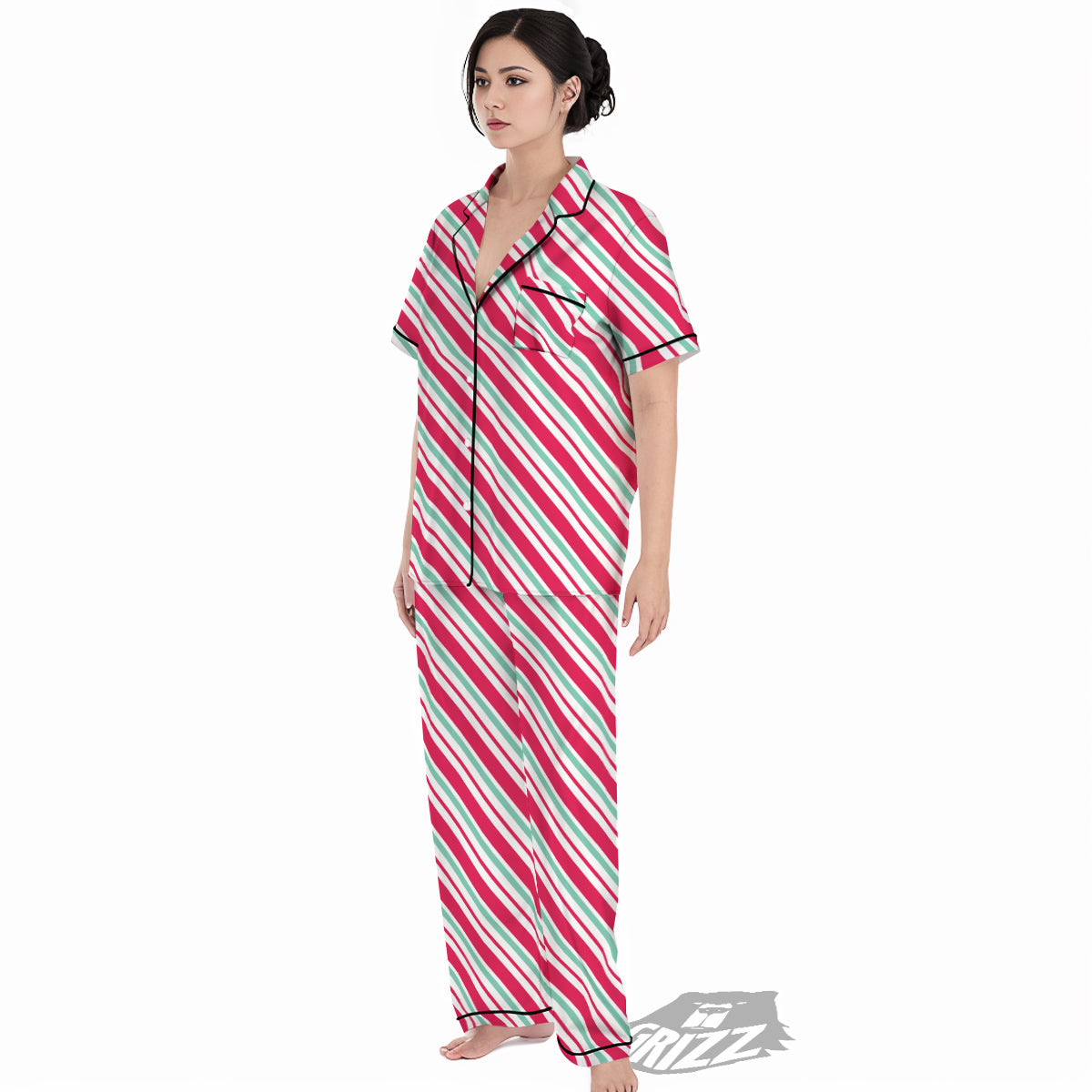 Candy Cane Striped Christmas Print Women's Pajamas Set-grizzshop