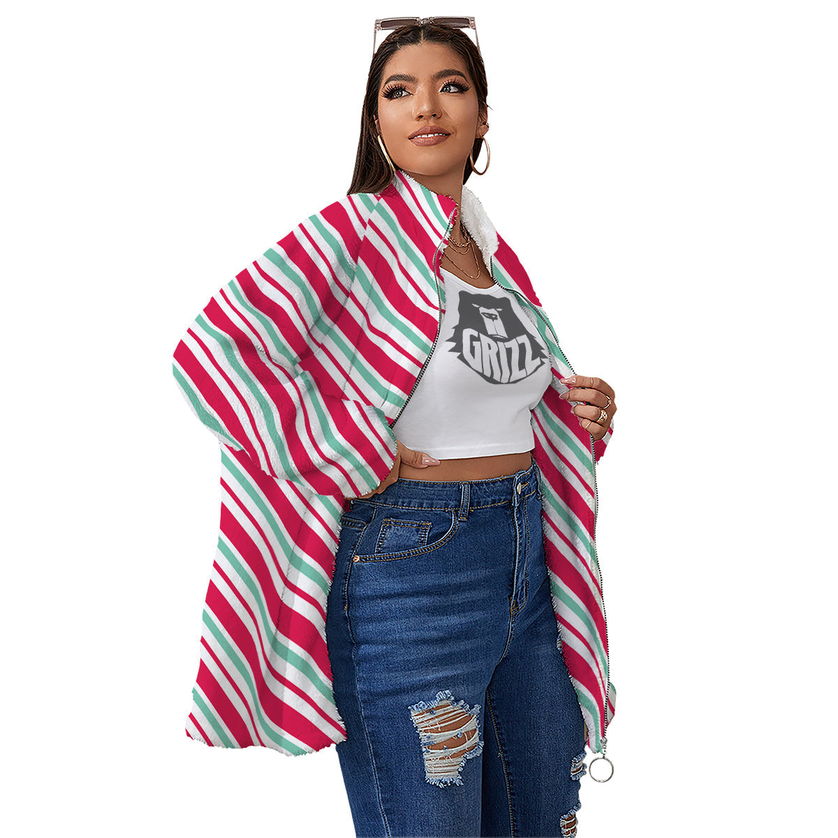 Candy Cane Striped Christmas Print Women's Sherpa Jacket-grizzshop