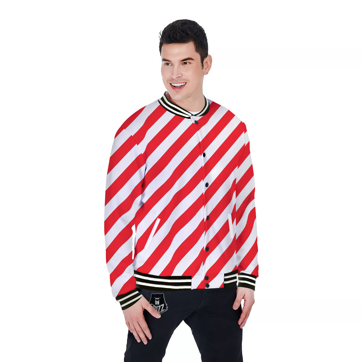 Candy Cane Striped White And Red Print Baseball Jacket-grizzshop