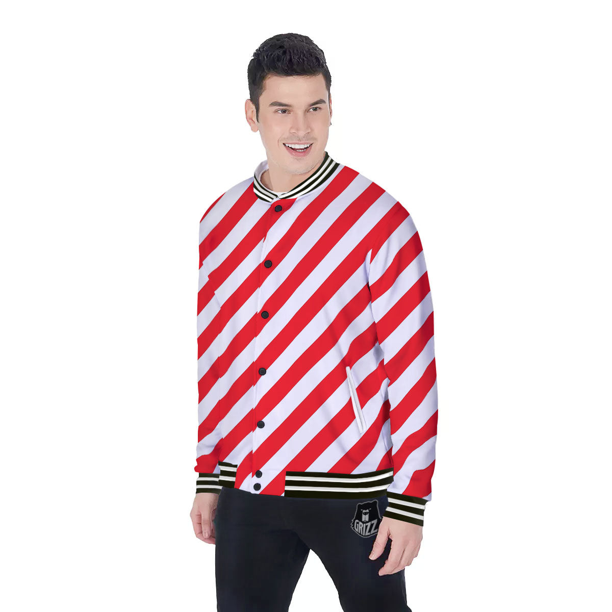 Candy Cane Striped White And Red Print Baseball Jacket-grizzshop