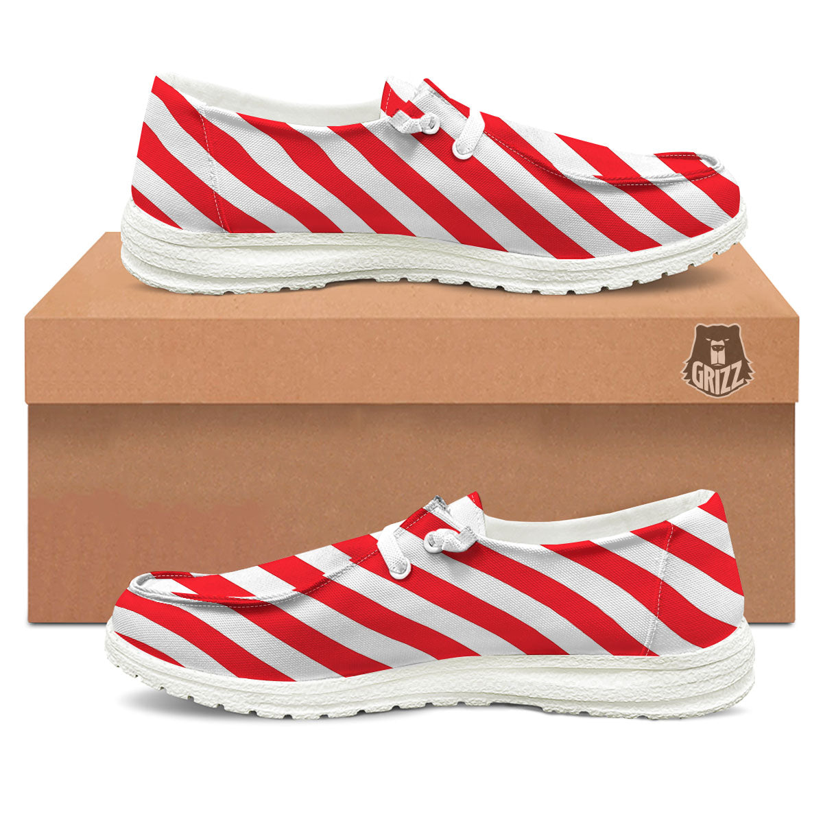 Candy Cane Striped White And Red Print Black Loafers-grizzshop