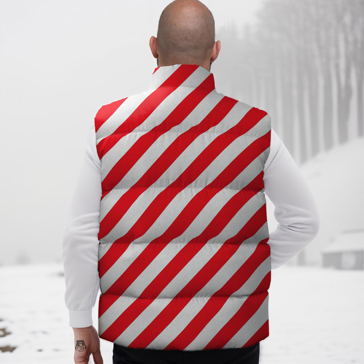 Candy Cane Striped White And Red Print Down Vest