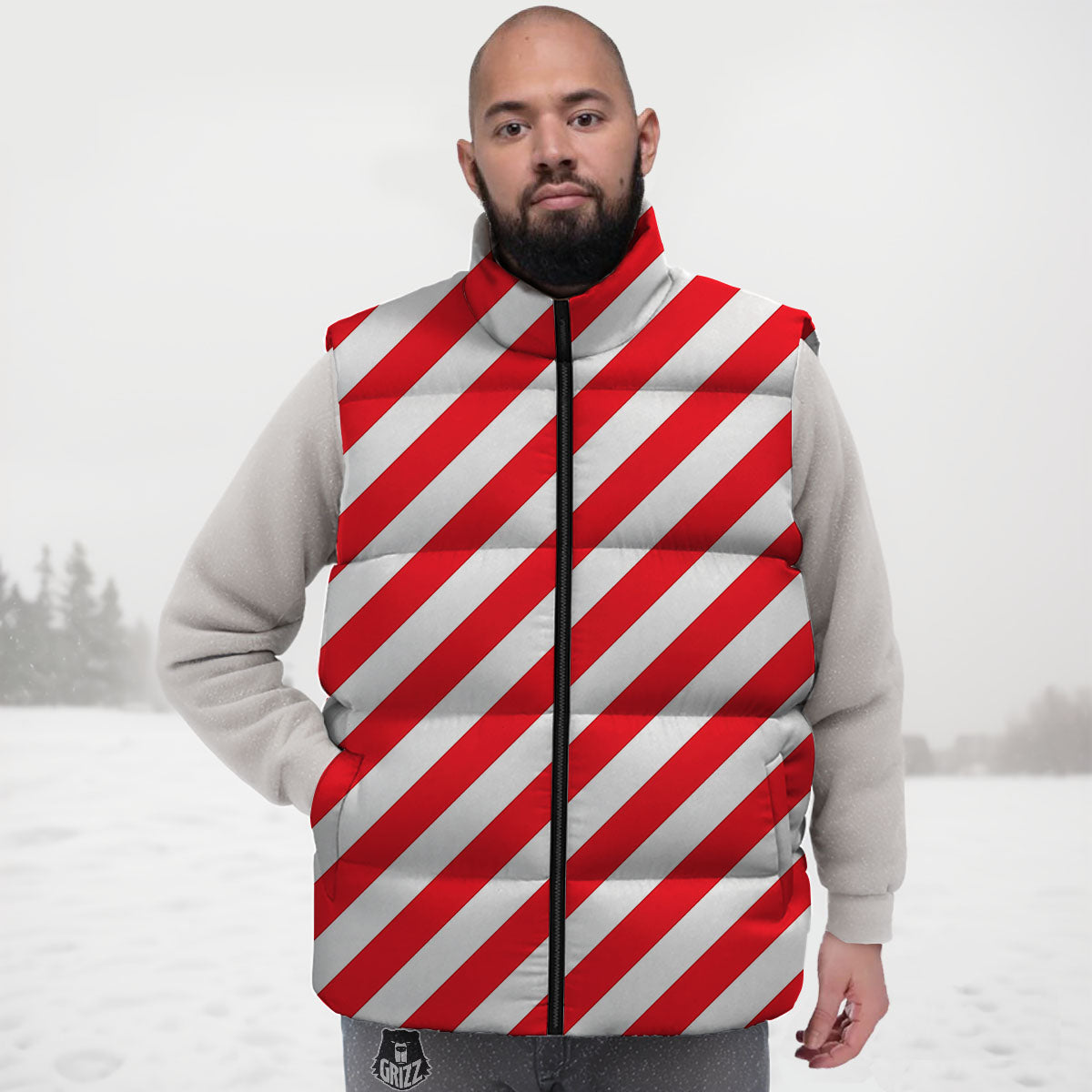 Candy Cane Striped White And Red Print Down Vest