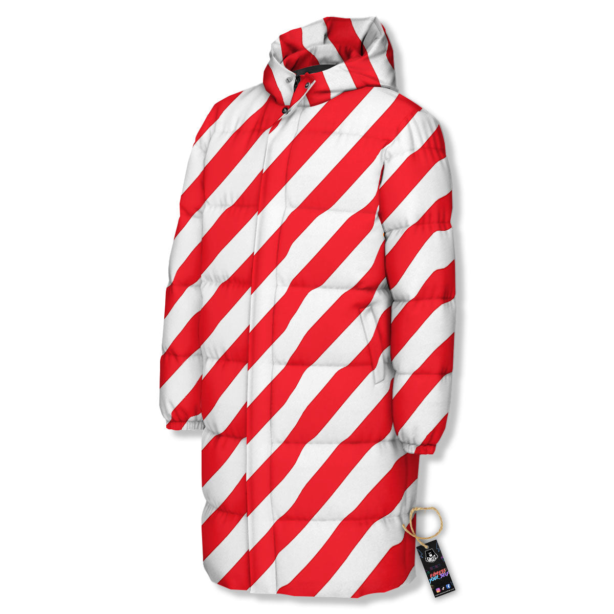 Candy Cane Striped White And Red Print Long Down Jacket-grizzshop
