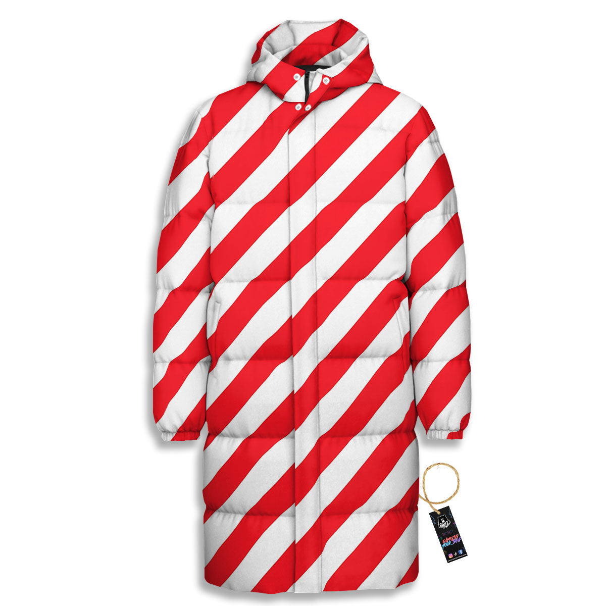 Candy Cane Striped White And Red Print Long Down Jacket-grizzshop