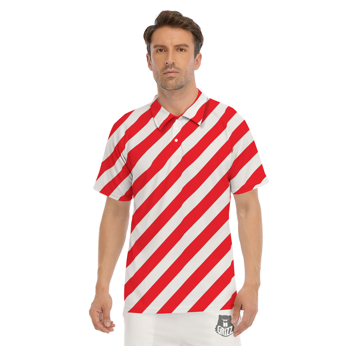 Candy Cane Striped White And Red Print Men's Golf Shirts-grizzshop